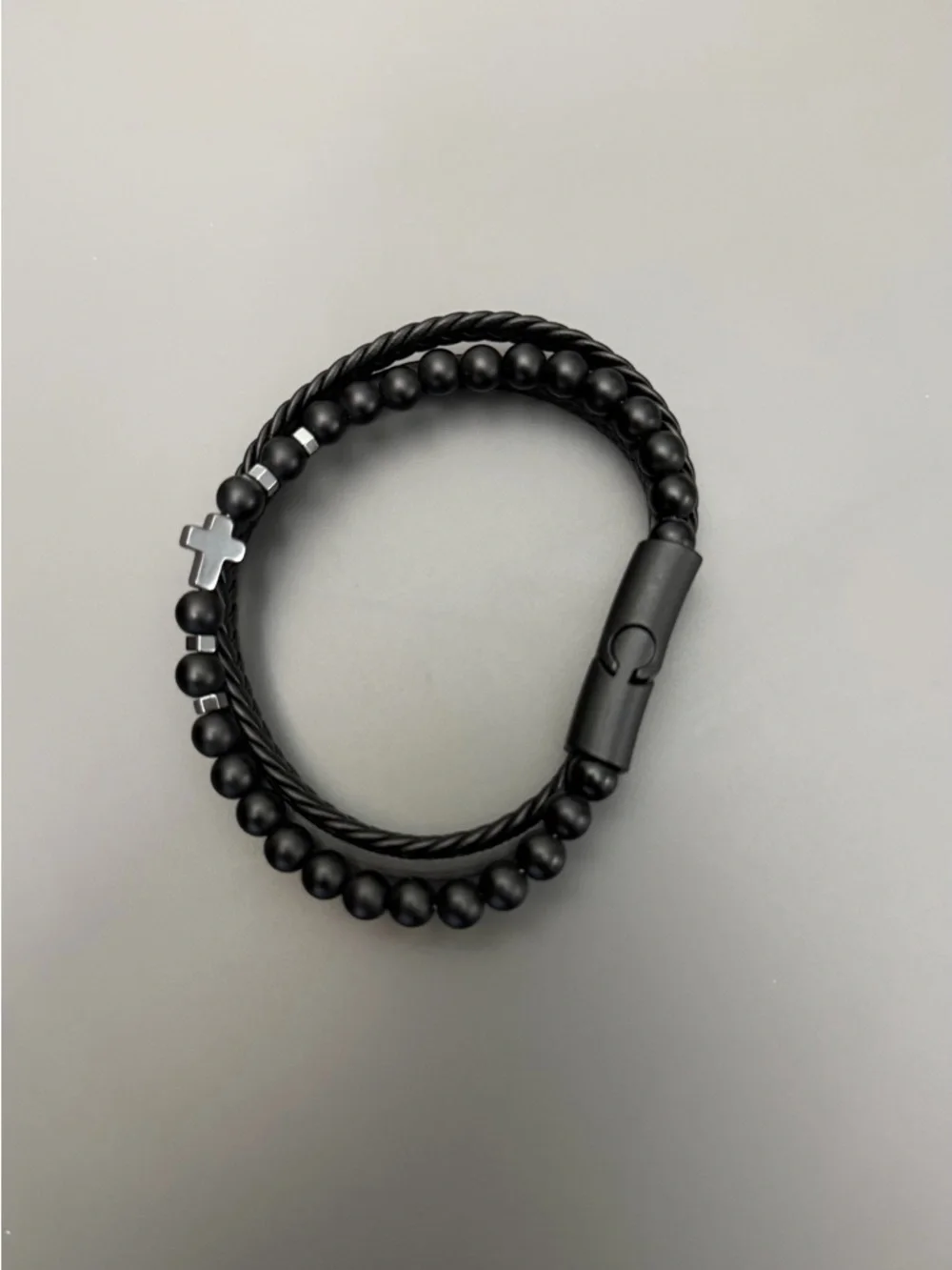 Black Leather Beaded Bracelet Set Men Cross Charm Double Wrap Minimalist